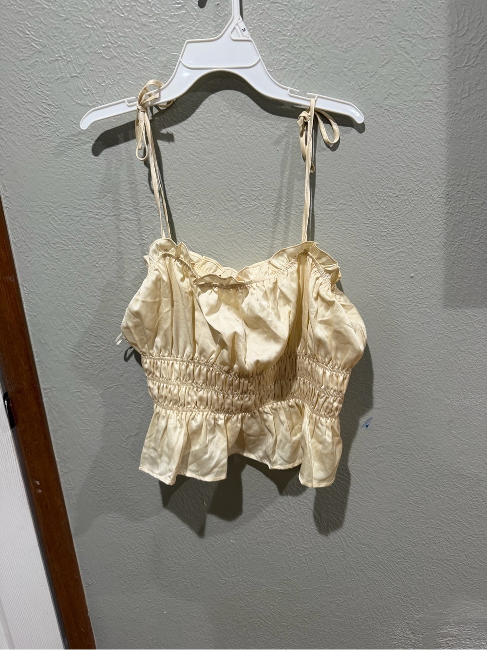 miami Cream Tie-Shoulder Smocked Ruffle Tank